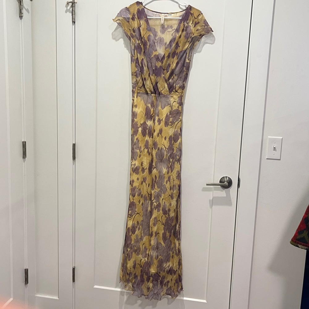 Bec + Bridge Yellow Purple Floral Chiffon Maxi Dress US 6 AUS 10 Flutter Sleeve